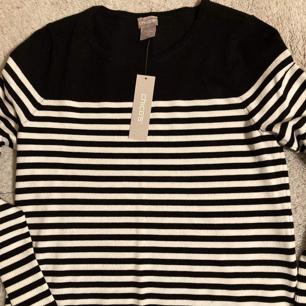 Chico's Black & White Stripe Long Sleeve Crew Neck